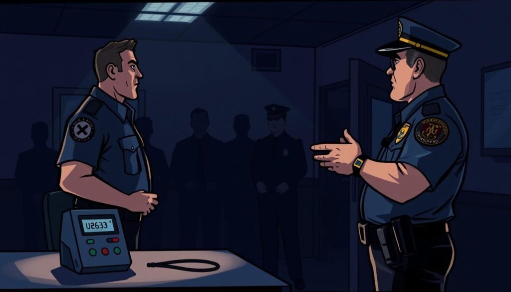 A dimly lit police station interior, the atmosphere tense and focused. In the foreground, a police officer stands, administering a field sobriety test to a suspected impaired driver. The officer's face is stern, their movements methodical, as they carefully observe the driver's responses. In the middle ground, a breathalyzer device sits on a table, its digital display flashing. In the background, the silhouettes of other officers can be seen, their attention fixed on the scene unfolding. The lighting is harsh, casting dramatic shadows and highlighting the gravity of the situation. The overall mood is one of professionalism and vigilance, as the police work to determine the driver's level of impairment. A dimly lit police station interior, the atmosphere tense and focused. In the foreground, a police officer stands, administering a field sobriety test to a suspected impaired driver. The officer's face is stern, their movements methodical, as they carefully observe the driver's responses. In the middle ground, a breathalyzer device sits on a table, its digital display flashing. In the background, the silhouettes of other officers can be seen, their attention fixed on the scene unfolding. The lighting is harsh, casting dramatic shadows and highlighting the gravity of the situation. The overall mood is one of professionalism and vigilance, as the police work to determine the driver's level of impairment.
