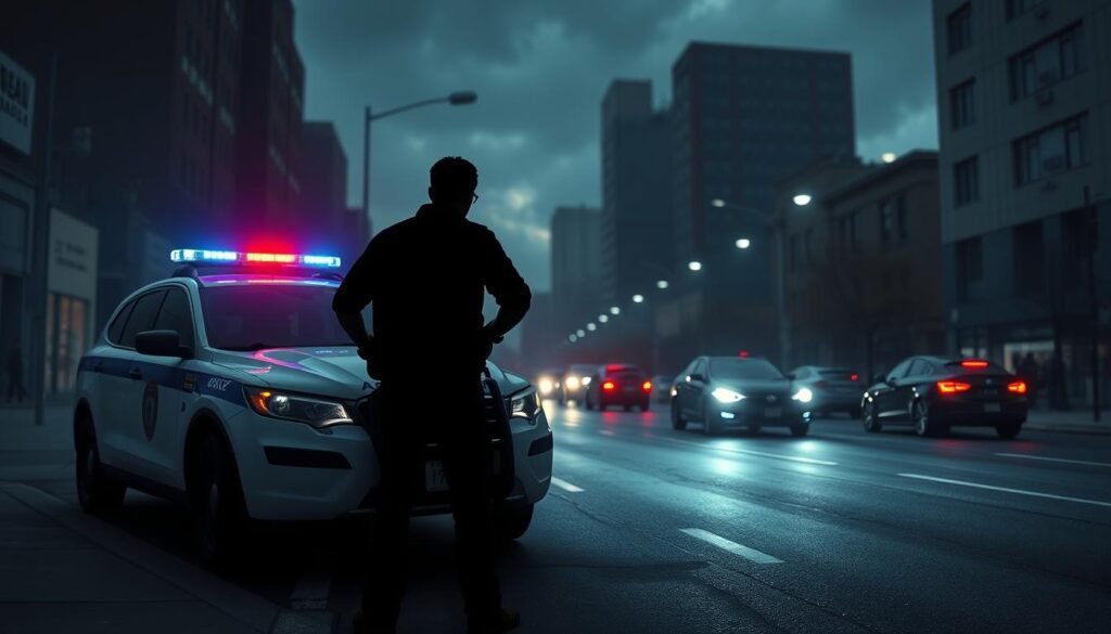 A high-contrast, wide-angle image of a police car parked on the side of a city street in Canada, its blue and red lights flashing. In the foreground, the silhouette of a person standing with their hands on the car's hood, as if being apprehended for suspected impaired driving. The middle ground features a blurred, hazy street scene with passing vehicles and pedestrians, conveying a sense of urgency and the aftermath of a DUI/DWI incident. The background is a dim, moody cityscape with tall buildings and a cloudy sky, creating an atmospheric and dramatic setting. The lighting is a mix of the police car's flashing lights, streetlamps, and natural ambient illumination, casting dramatic shadows and highlights across the scene. A high-contrast, wide-angle image of a police car parked on the side of a city street in Canada, its blue and red lights flashing. In the foreground, the silhouette of a person standing with their hands on the car's hood, as if being apprehended for suspected impaired driving. The middle ground features a blurred, hazy street scene with passing vehicles and pedestrians, conveying a sense of urgency and the aftermath of a DUI/DWI incident. The background is a dim, moody cityscape with tall buildings and a cloudy sky, creating an atmospheric and dramatic setting. The lighting is a mix of the police car's flashing lights, streetlamps, and natural ambient illumination, casting dramatic shadows and highlights across the scene.