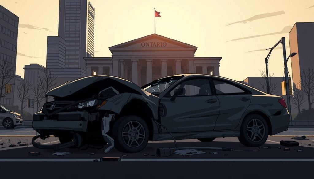 A striking visual representation of the penalties for impaired driving in Ontario. A dramatic, high-contrast scene set in a modern urban environment, with a towering courthouse or government building in the background, casting long shadows. In the foreground, a wrecked car, twisted metal and shattered glass, conveying the consequences of drunk or drugged driving. Somber lighting, with a sense of gravity and severity. Subtle visual cues, such as traffic signs or law enforcement presence, reinforce the legal implications. The overall tone is one of seriousness and cautionary warning, designed to educate and discourage impaired driving behaviors. A striking visual representation of the penalties for impaired driving in Ontario. A dramatic, high-contrast scene set in a modern urban environment, with a towering courthouse or government building in the background, casting long shadows. In the foreground, a wrecked car, twisted metal and shattered glass, conveying the consequences of drunk or drugged driving. Somber lighting, with a sense of gravity and severity. Subtle visual cues, such as traffic signs or law enforcement presence, reinforce the legal implications. The overall tone is one of seriousness and cautionary warning, designed to educate and discourage impaired driving behaviors.